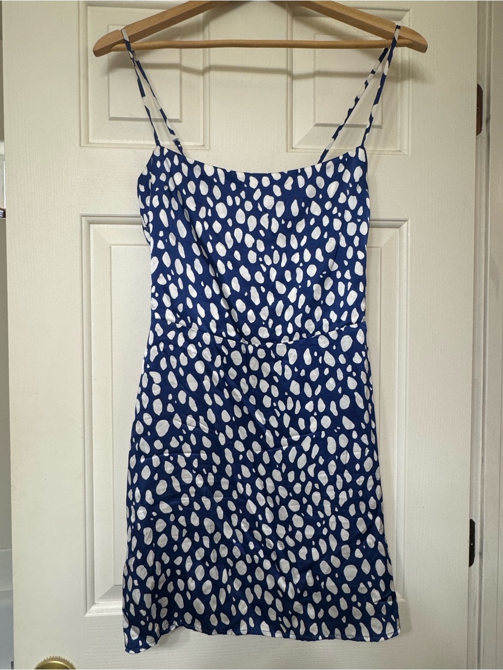 Reformation Navy and White Spotted Slip Dress